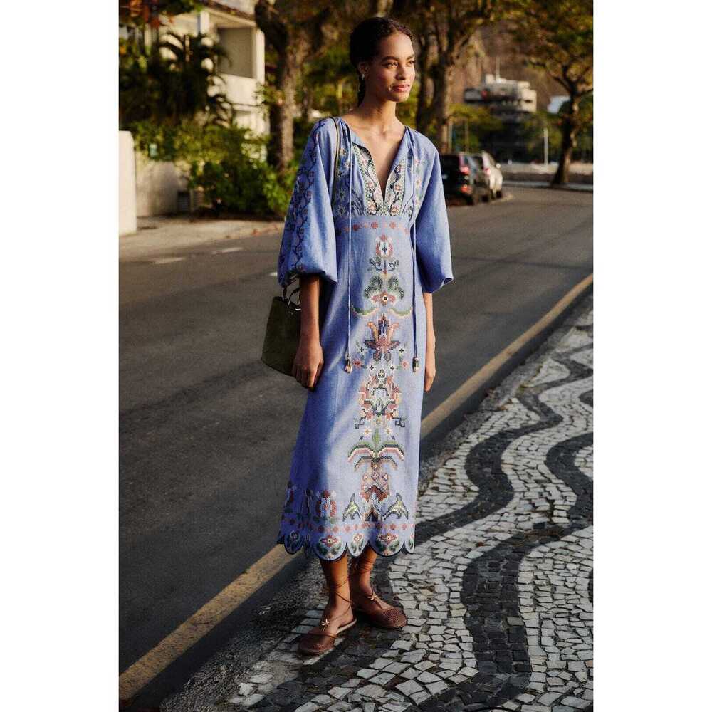 FARM Rio Lavender Blue Embroidered Midi Dress